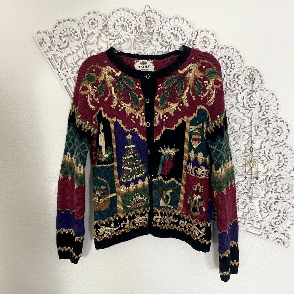 Tiara Vintage 1999 Christmas Chunky Multi Christmas Holiday Cardigan Sweater L